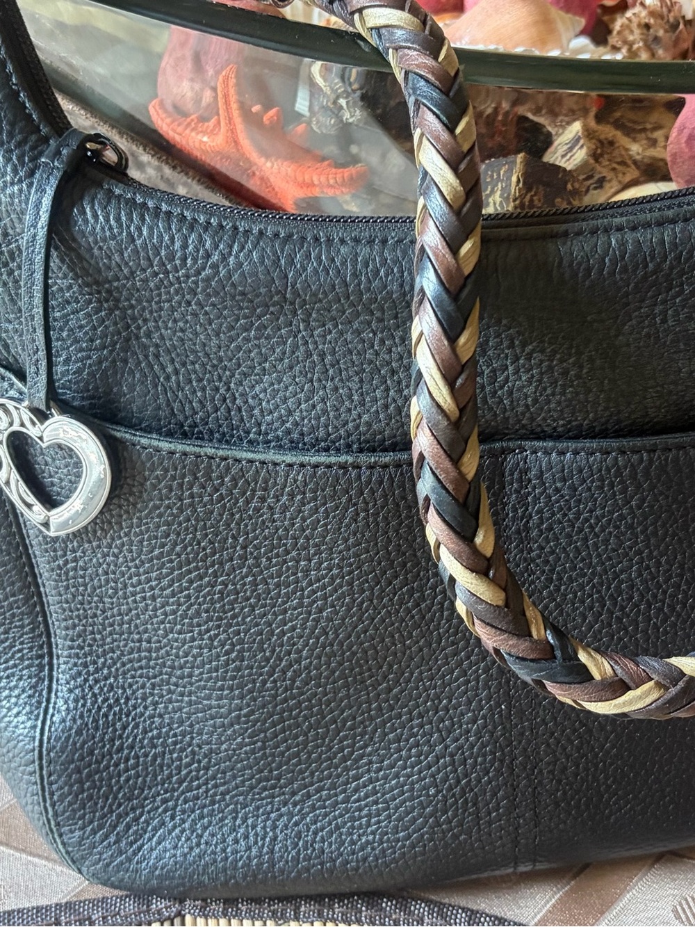 Brighton Black Leather Shoulder Bag with Braided Multi‑tone Strap